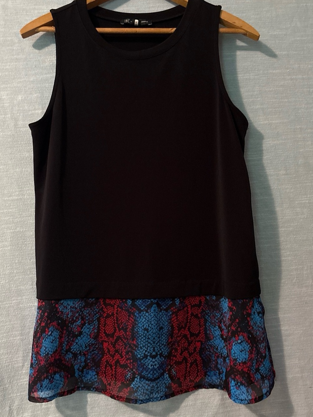 INC International Concepts Blouse Sleeveless Black/Print Hem Women’s Sz S NWOT